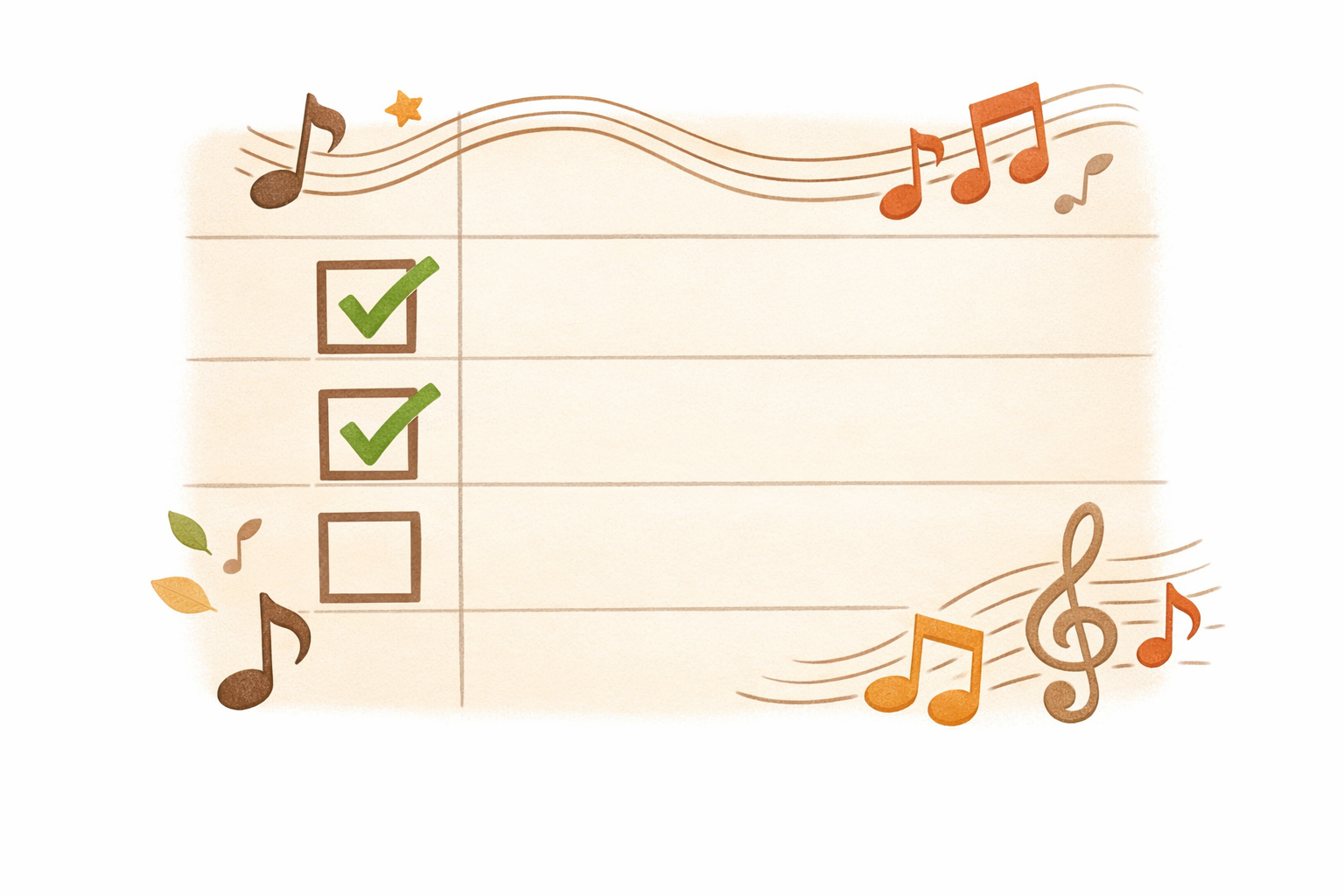 Weekly planner with a few checked boxes and musical notes indicating review.