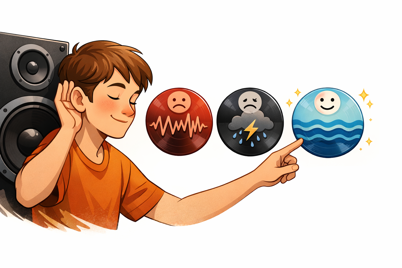 Person listening closely and choosing a calm, simple song from a few options.