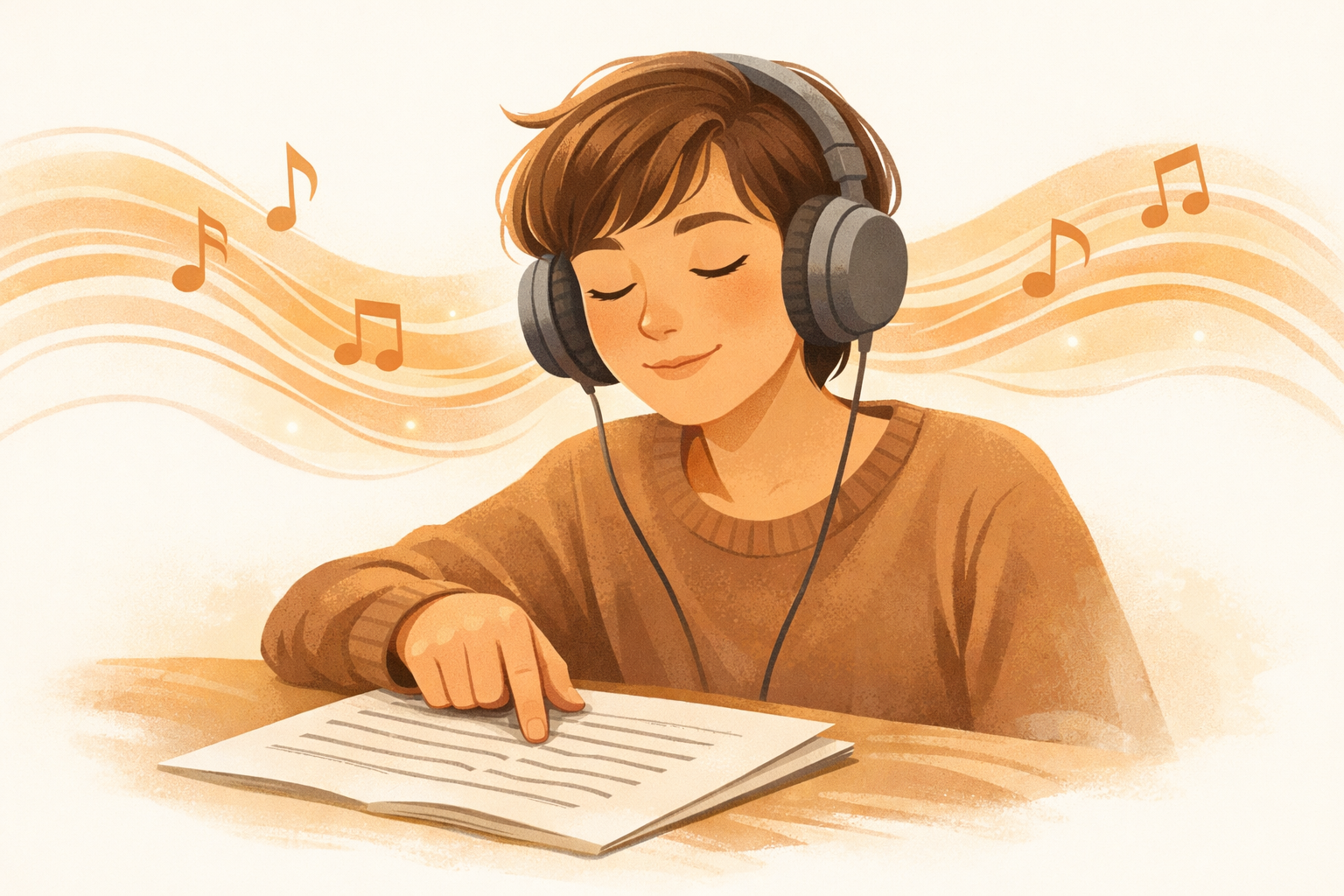 Person listening with eyes closed while tracing lyrics with a finger.