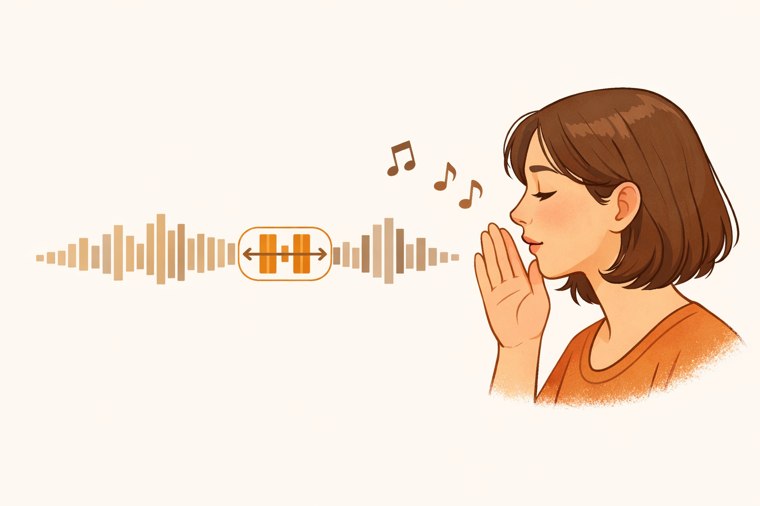 Audio bar showing a looped segment while a person mouths along quietly.