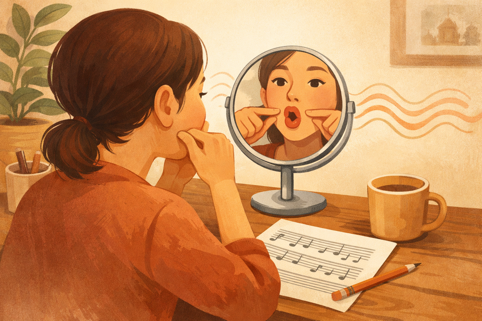 Person checking mouth shape in a mirror while practicing lyrics.