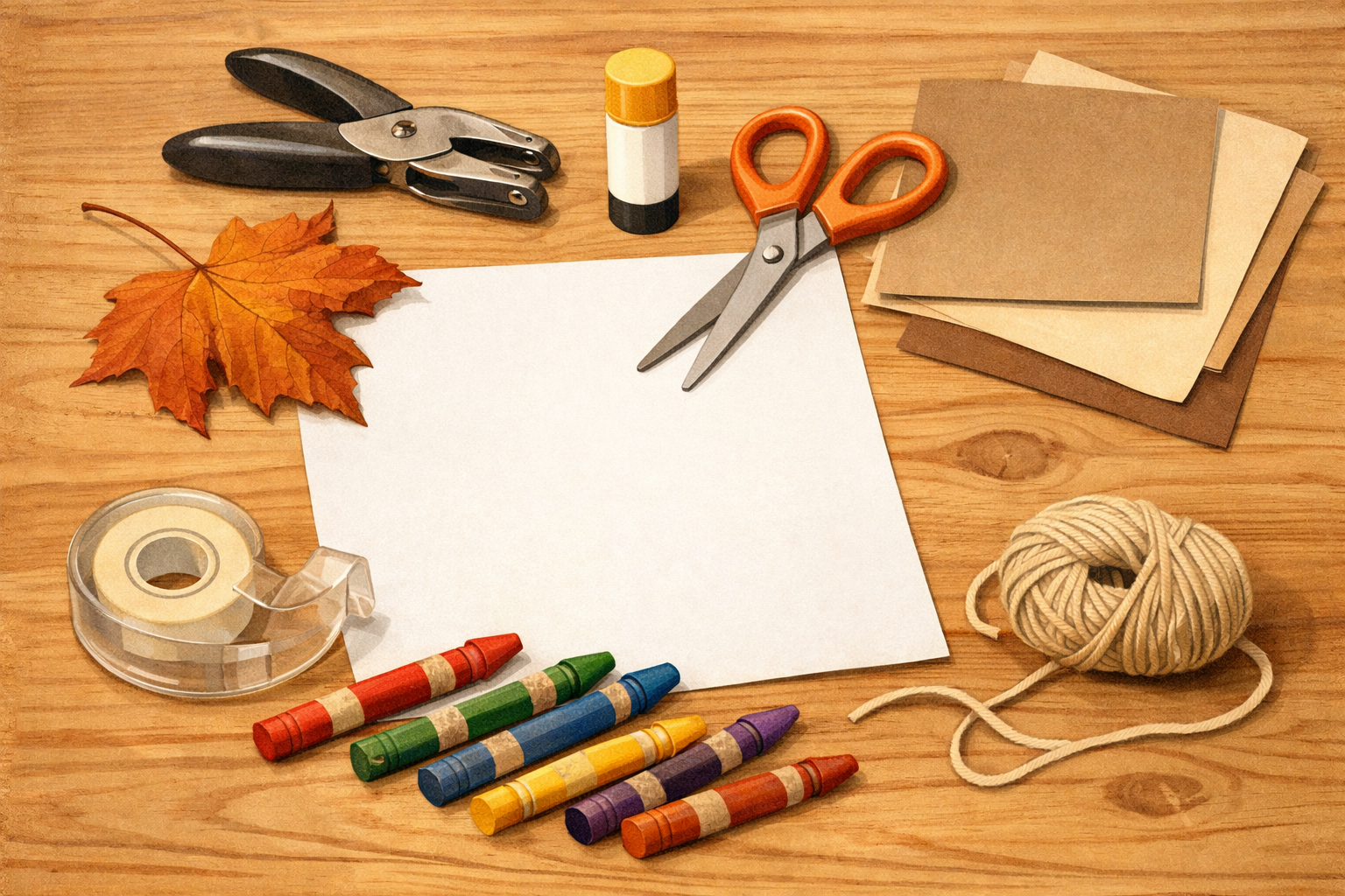 Craft supplies arranged neatly with a fallen leaf ready to use.