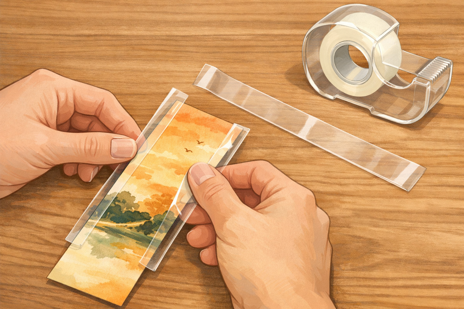 Clear tape being folded over a bookmark edge to strengthen it.