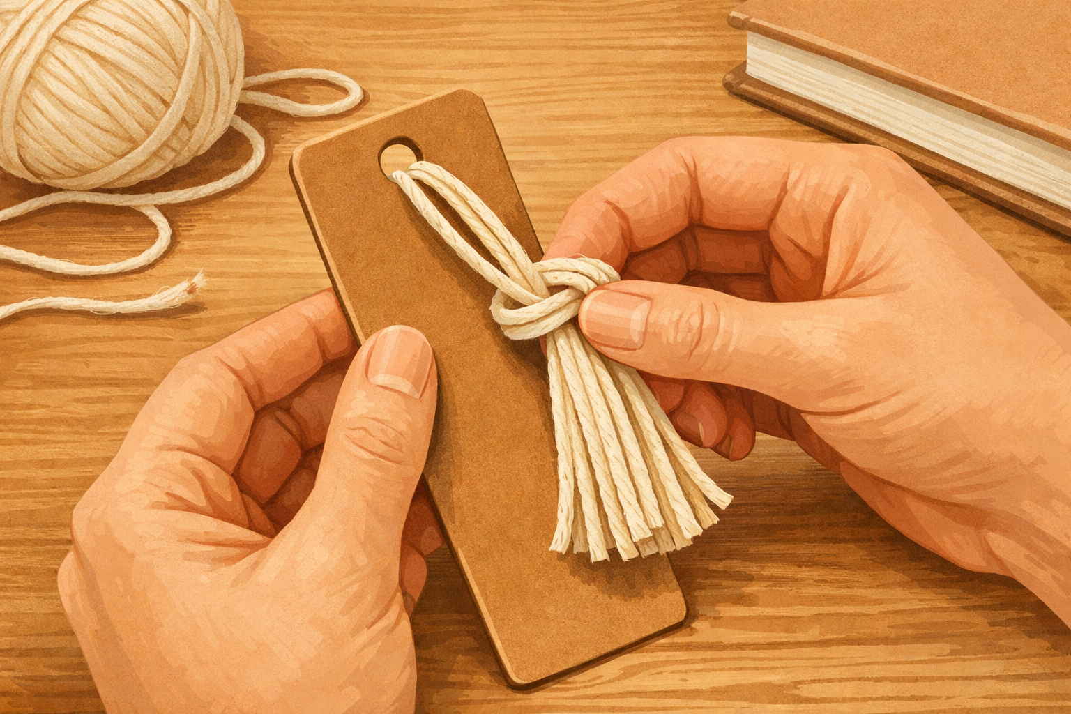 A simple yarn tassel being attached to the bookmark with a lark’s head knot.