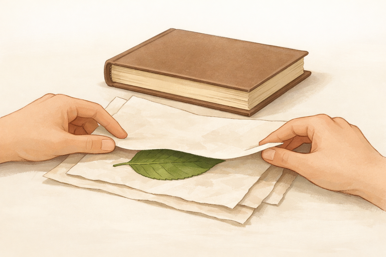 Leaf sandwiched between paper under a book to flatten it slightly.