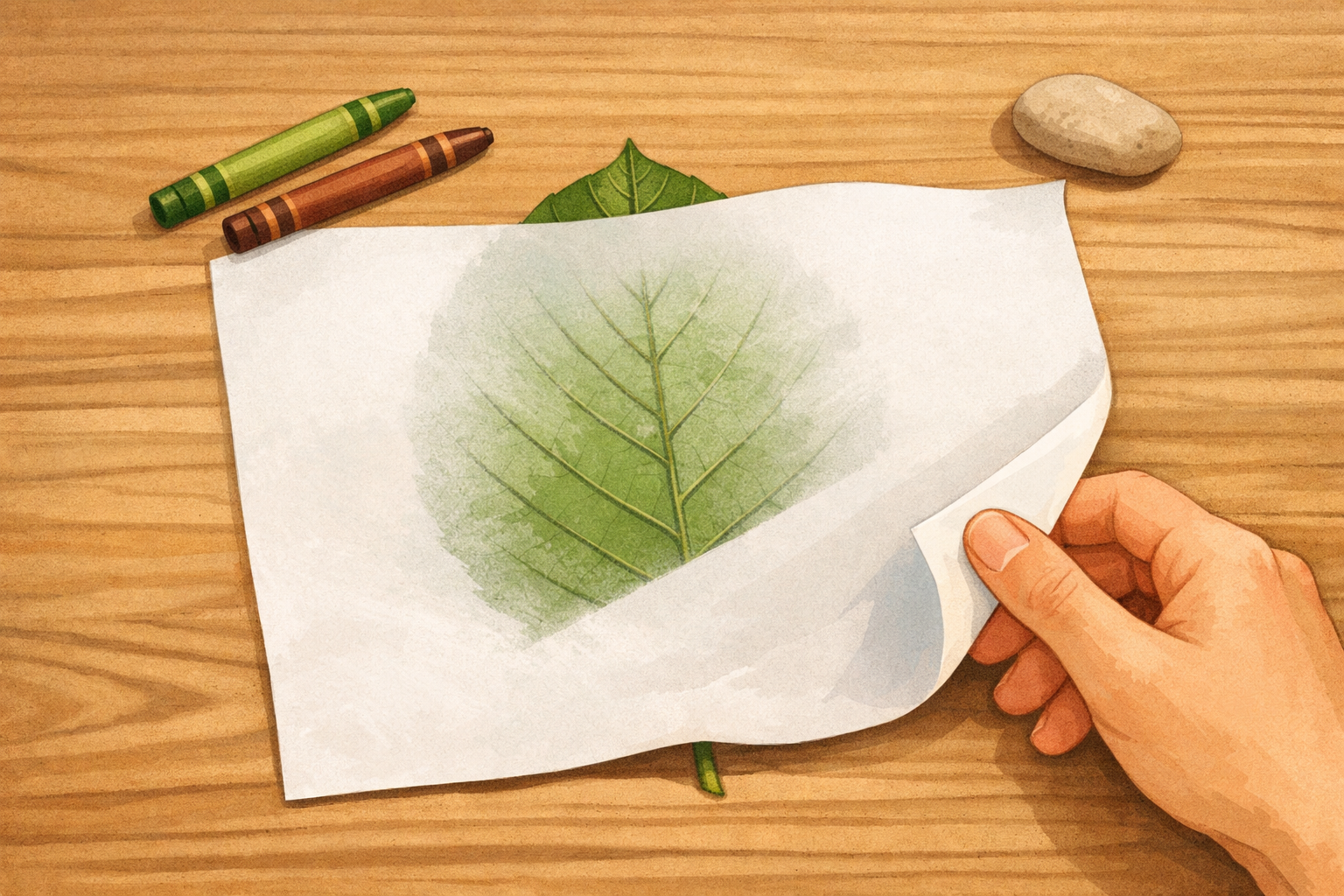 Leaf positioned under a sheet of paper, veins facing up.