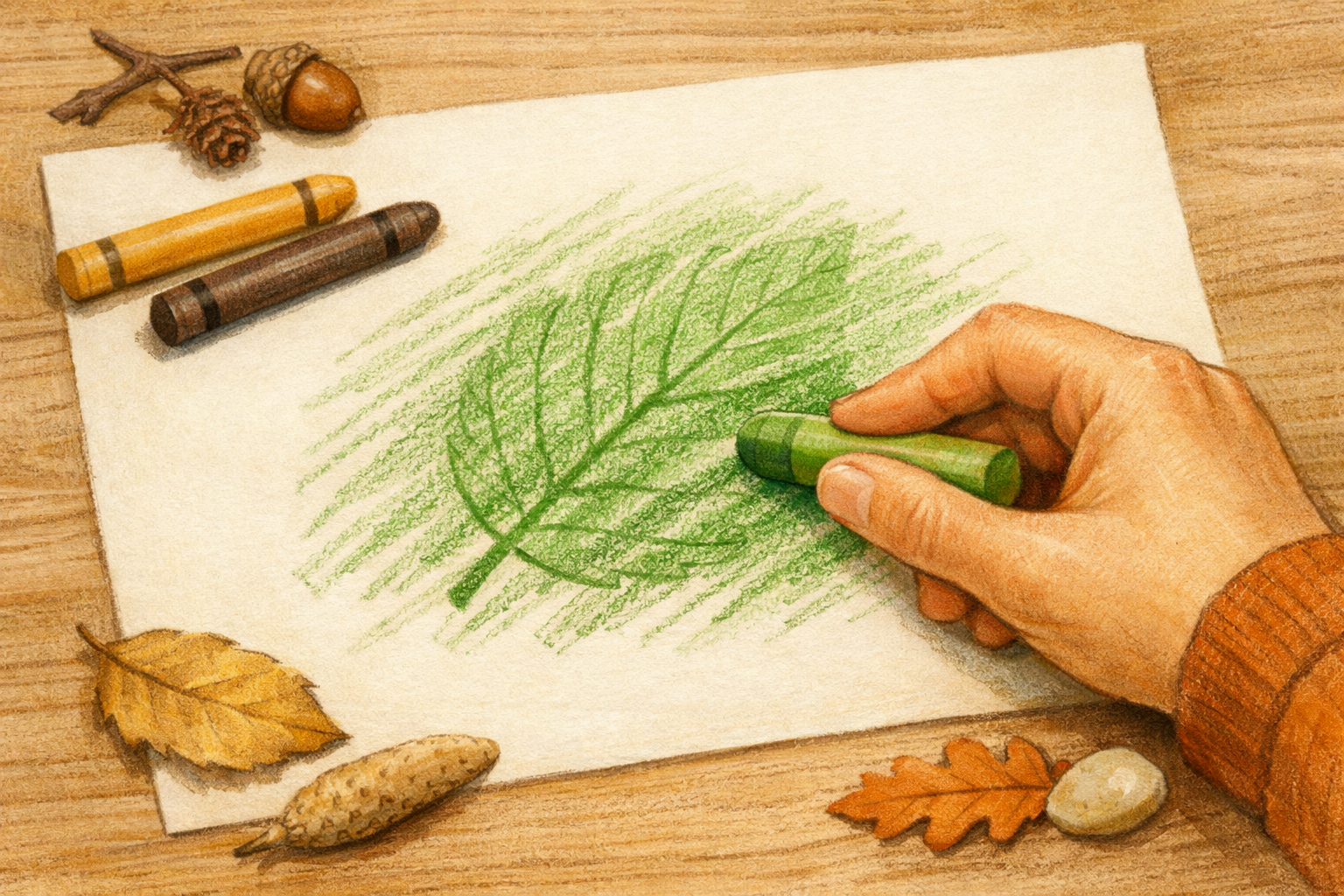 Crayon shading smoothly over the paper, revealing a leaf shape beneath.