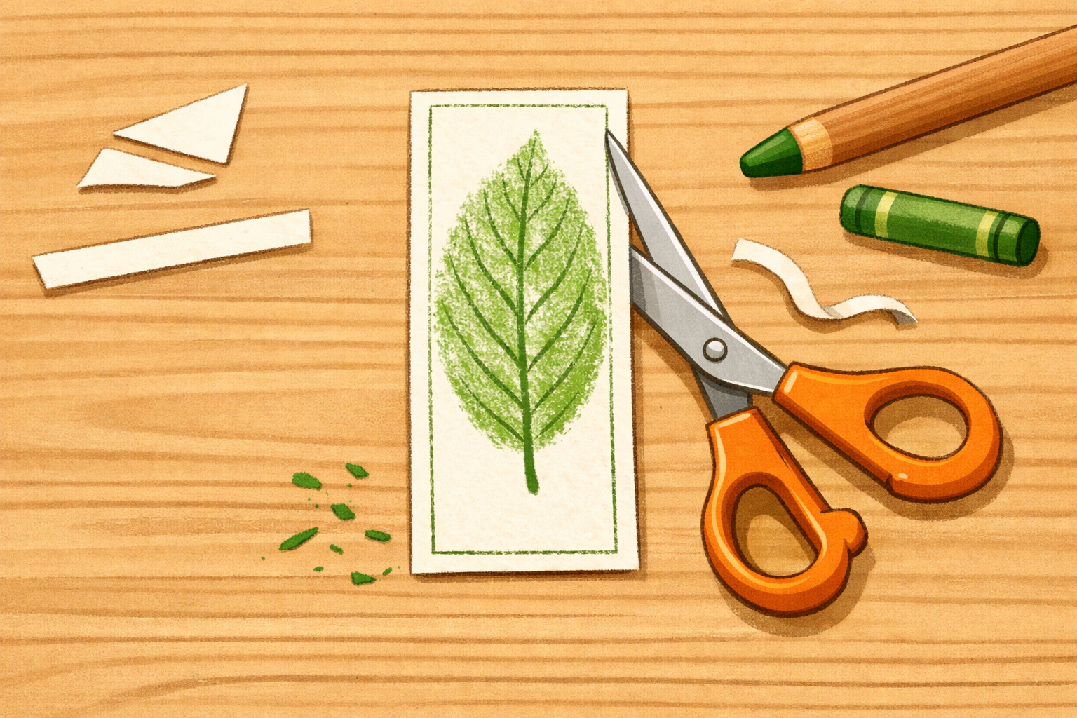 Paper with a leaf rubbing being cut into a rectangular bookmark shape.