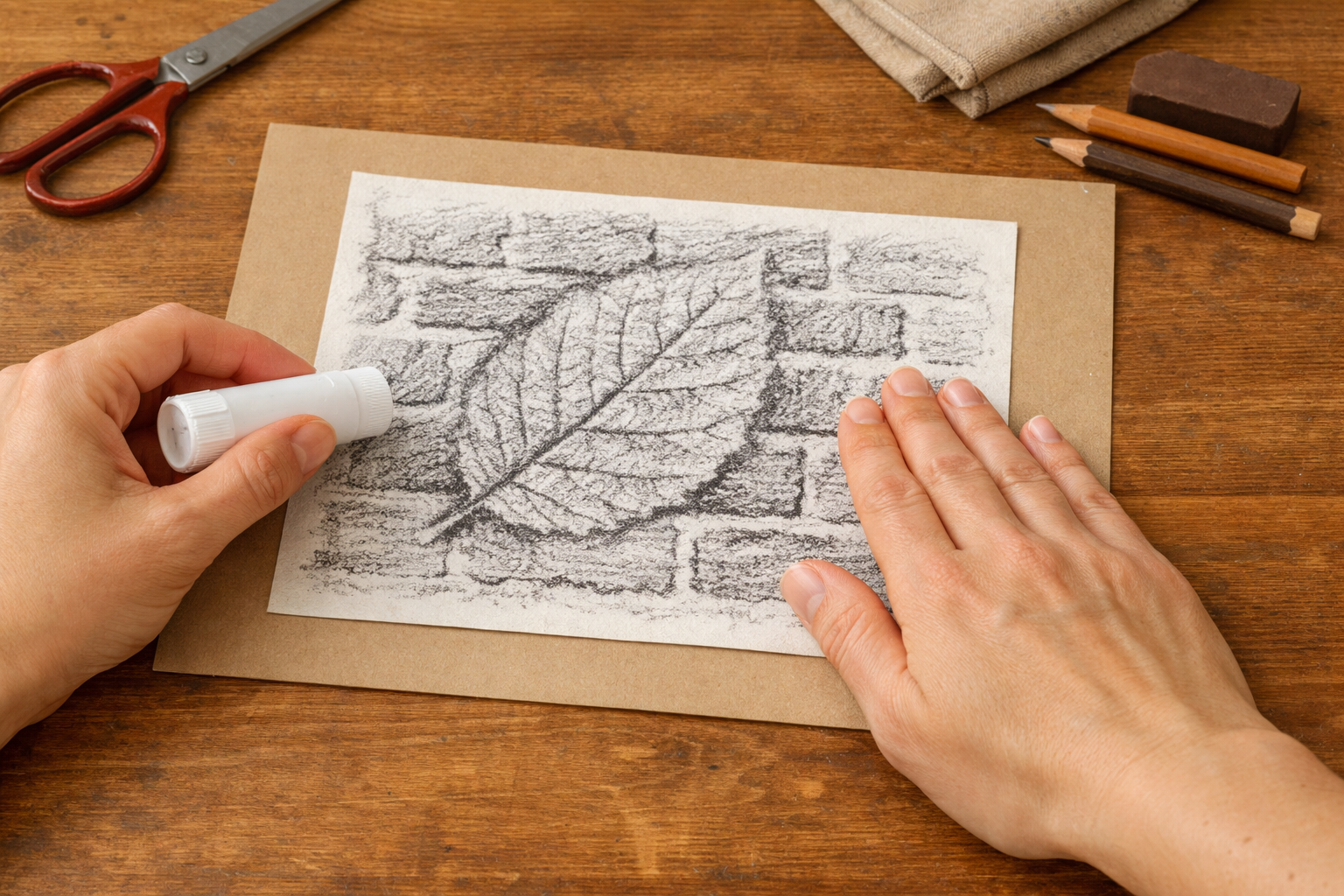 Leaf rubbing being mounted onto a piece of card.