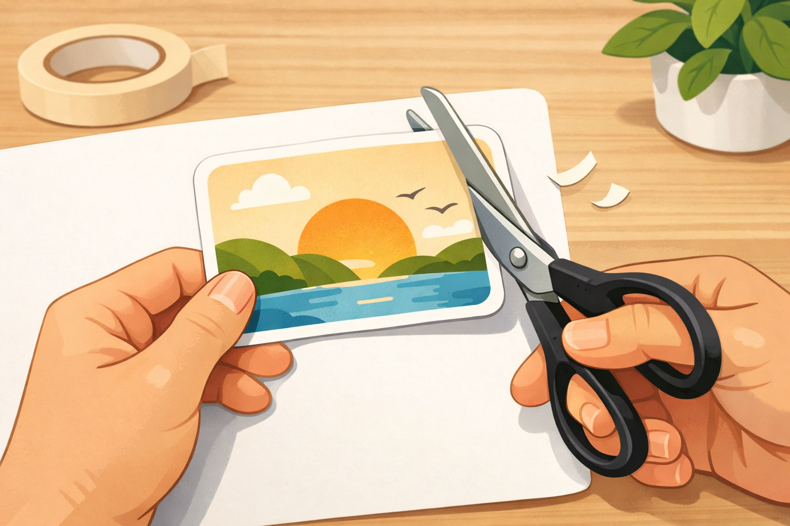 Card-backed bookmark being cut to its final shape with rounded corners.