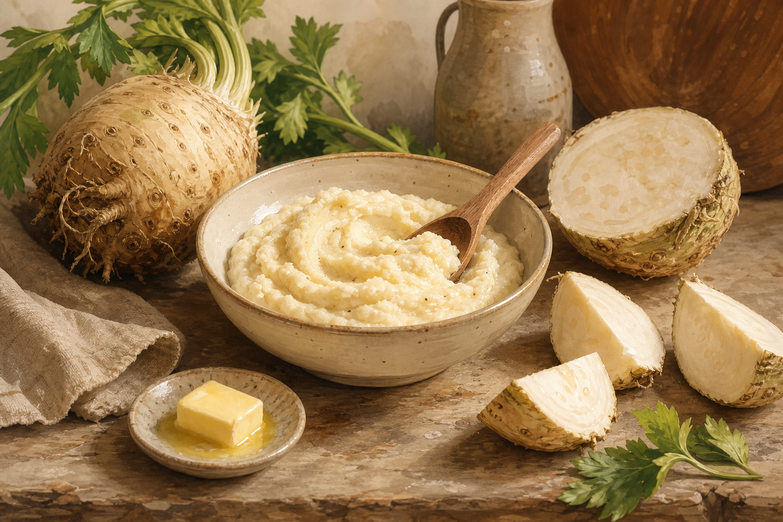 Illustration of a bowl of creamy celeriac mash on a rustic surface with whole and halved celeriac roots and a spoon.