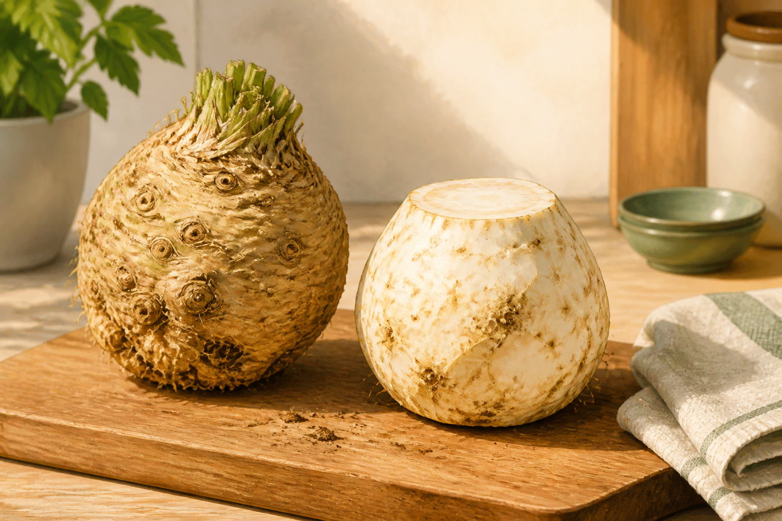 Whole celeriac and trimmed celeriac on a wooden cutting board with a towel.