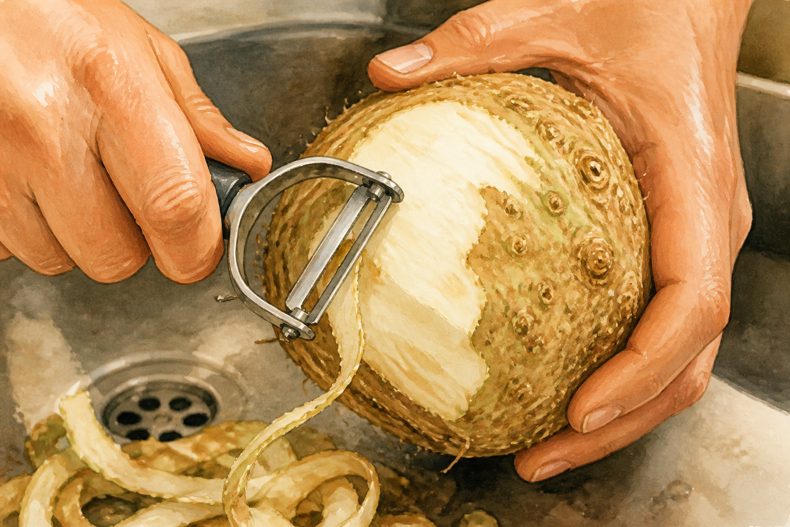Hands peeling celeriac with a vegetable peeler, peeled skin curling away.