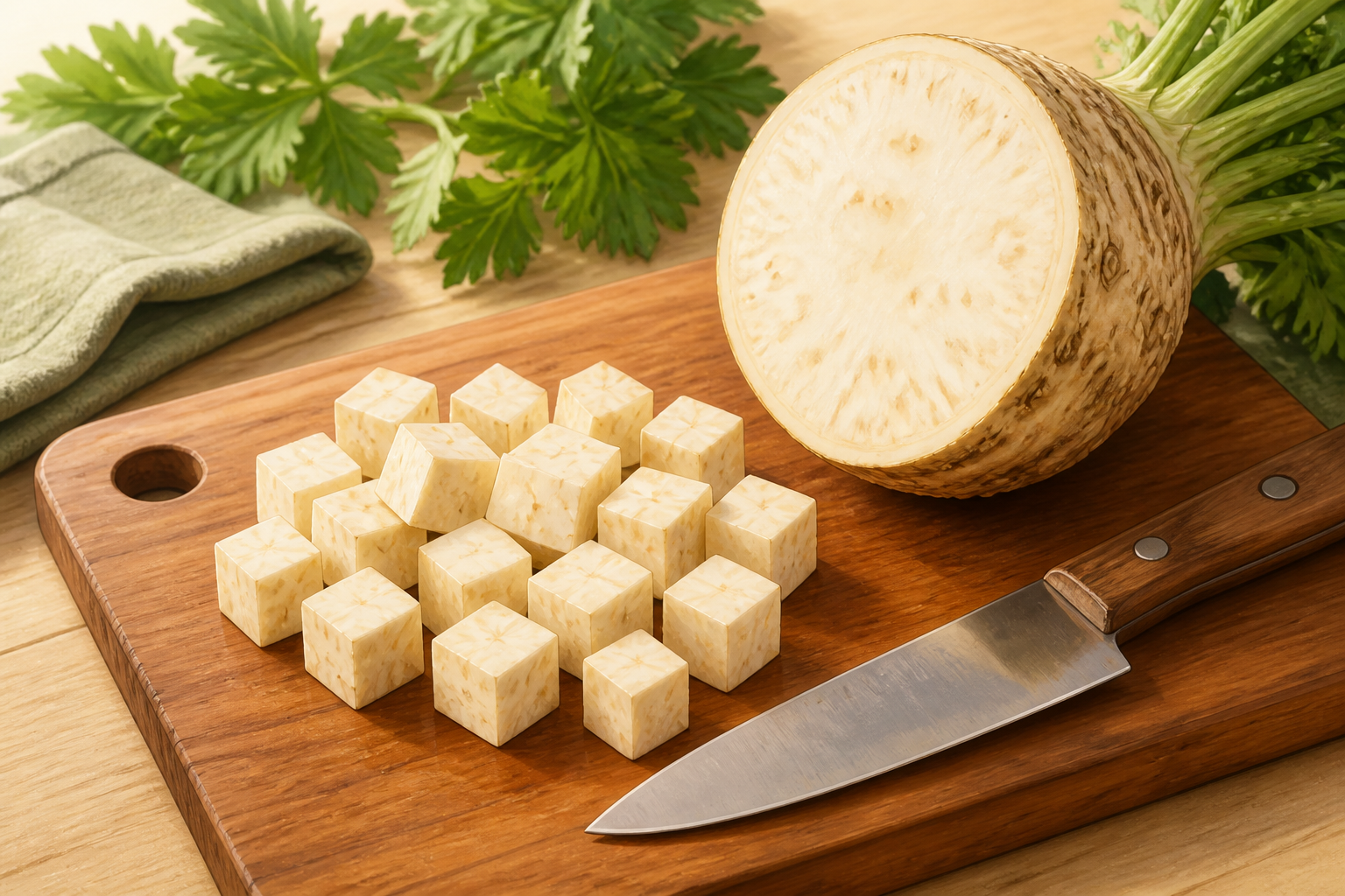 Cutting board showing even 1-inch celeriac cubes and a knife.