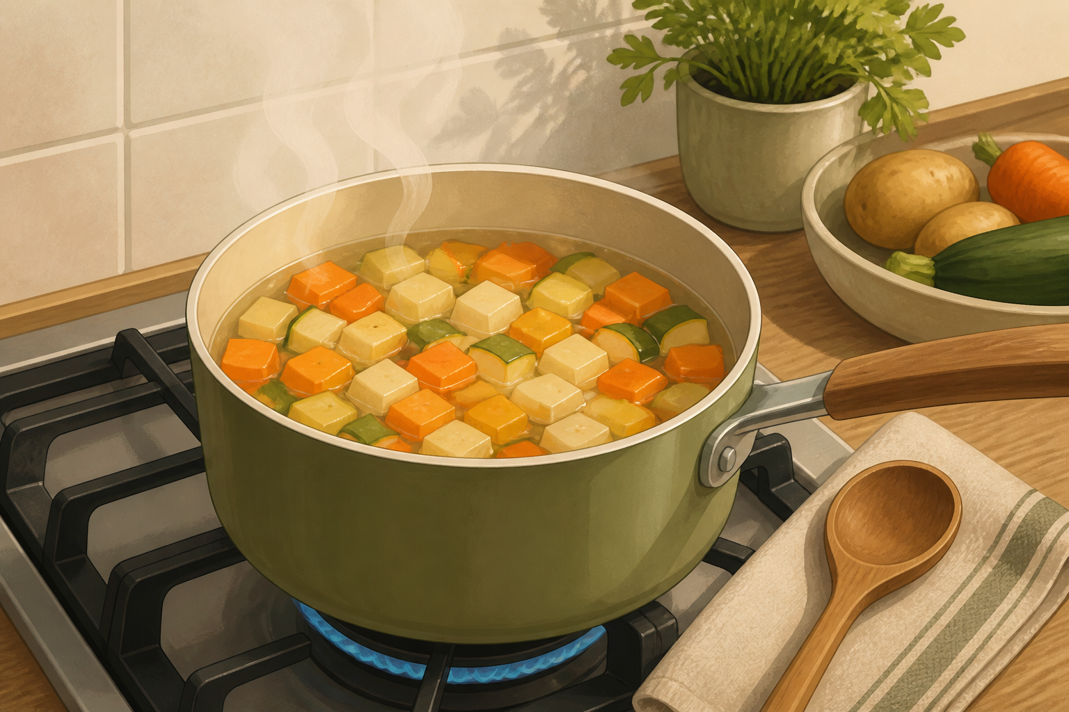 Saucepan with celeriac cubes covered in water simmering on the stove.