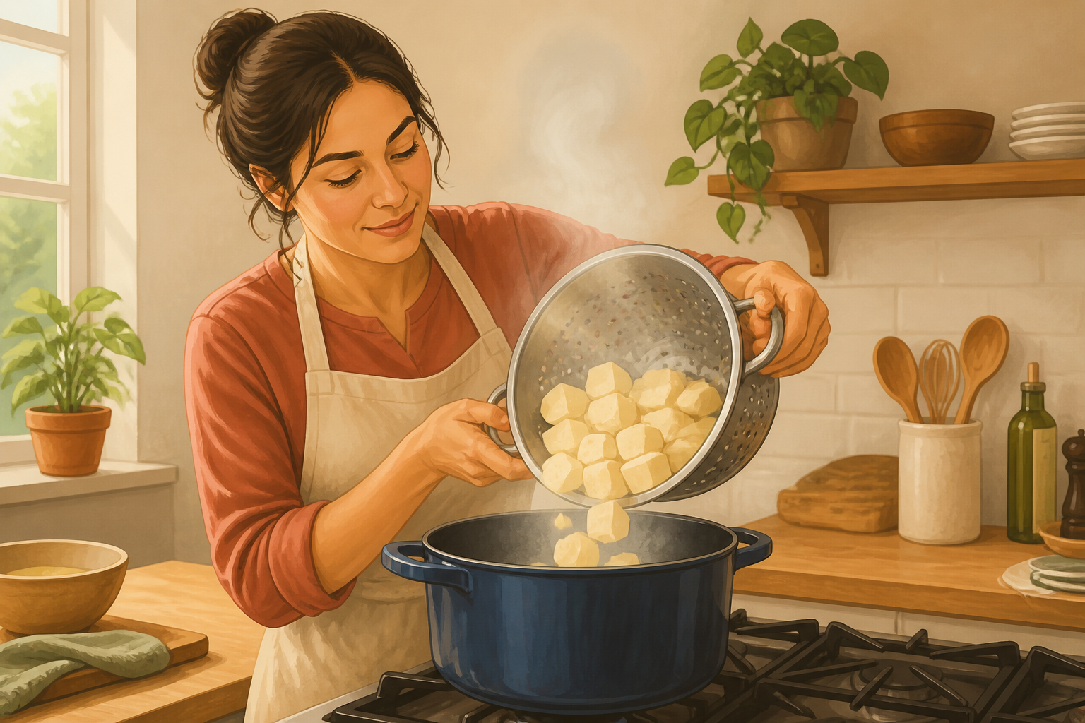 Draining celeriac cubes and returning them to the pot to steam-dry.