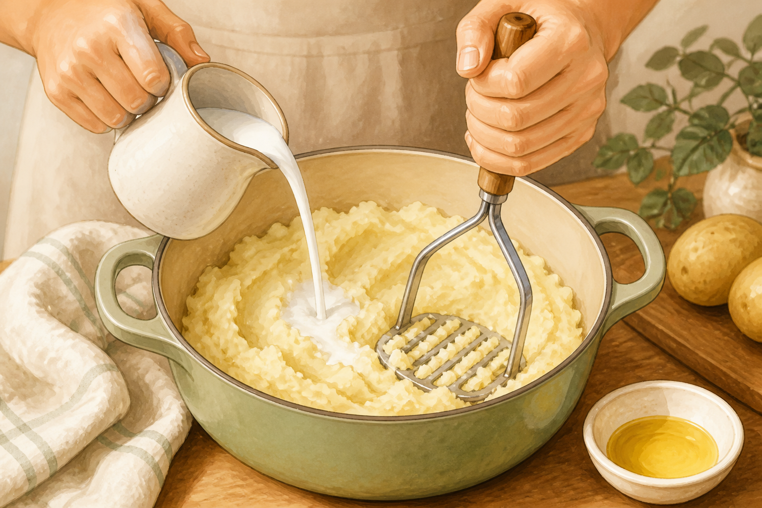 Mashing celeriac in a pot with butter and milk being added.