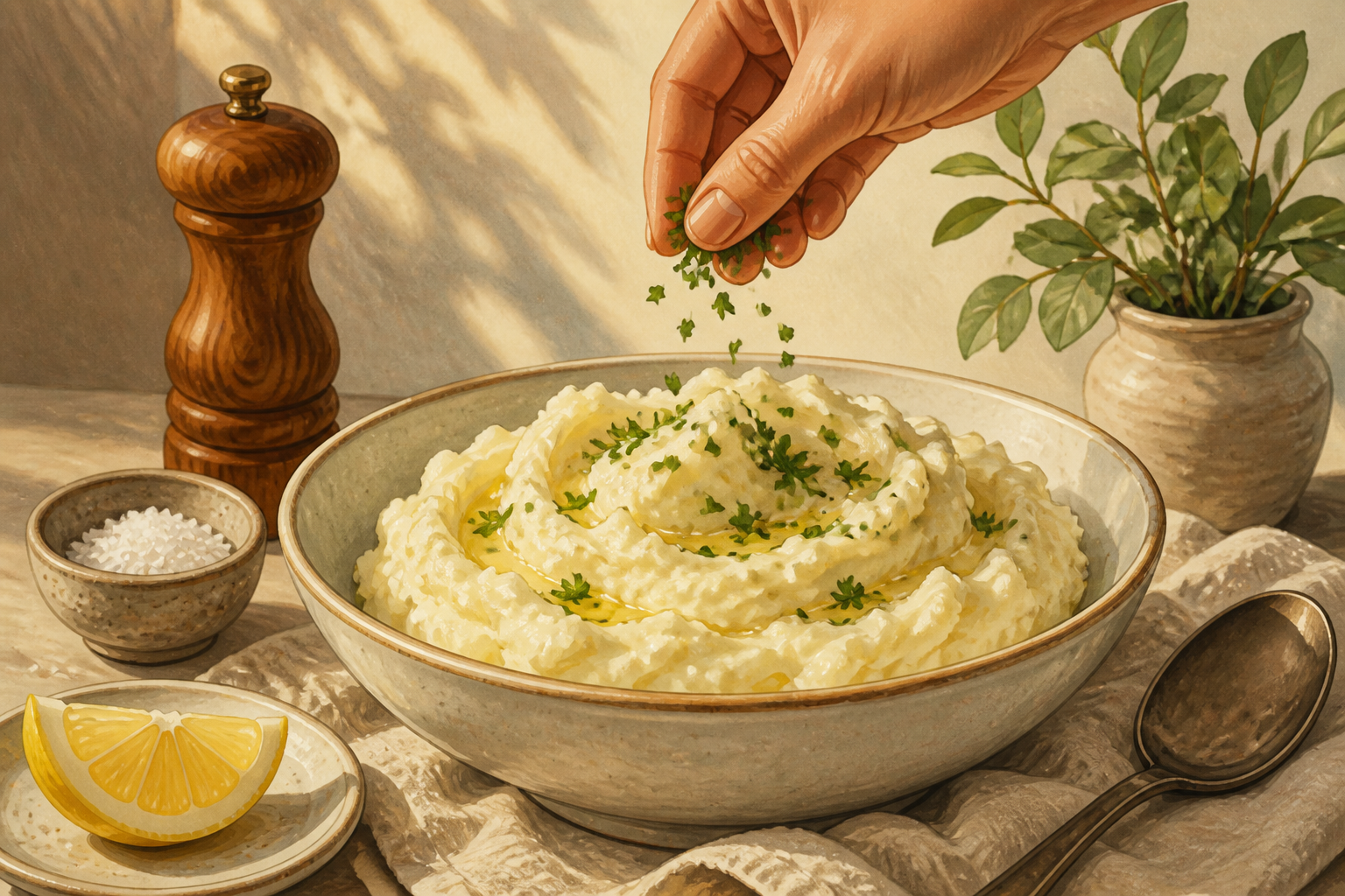 Bowl of finished celeriac mash with lemon wedge and herbs being sprinkled on top.