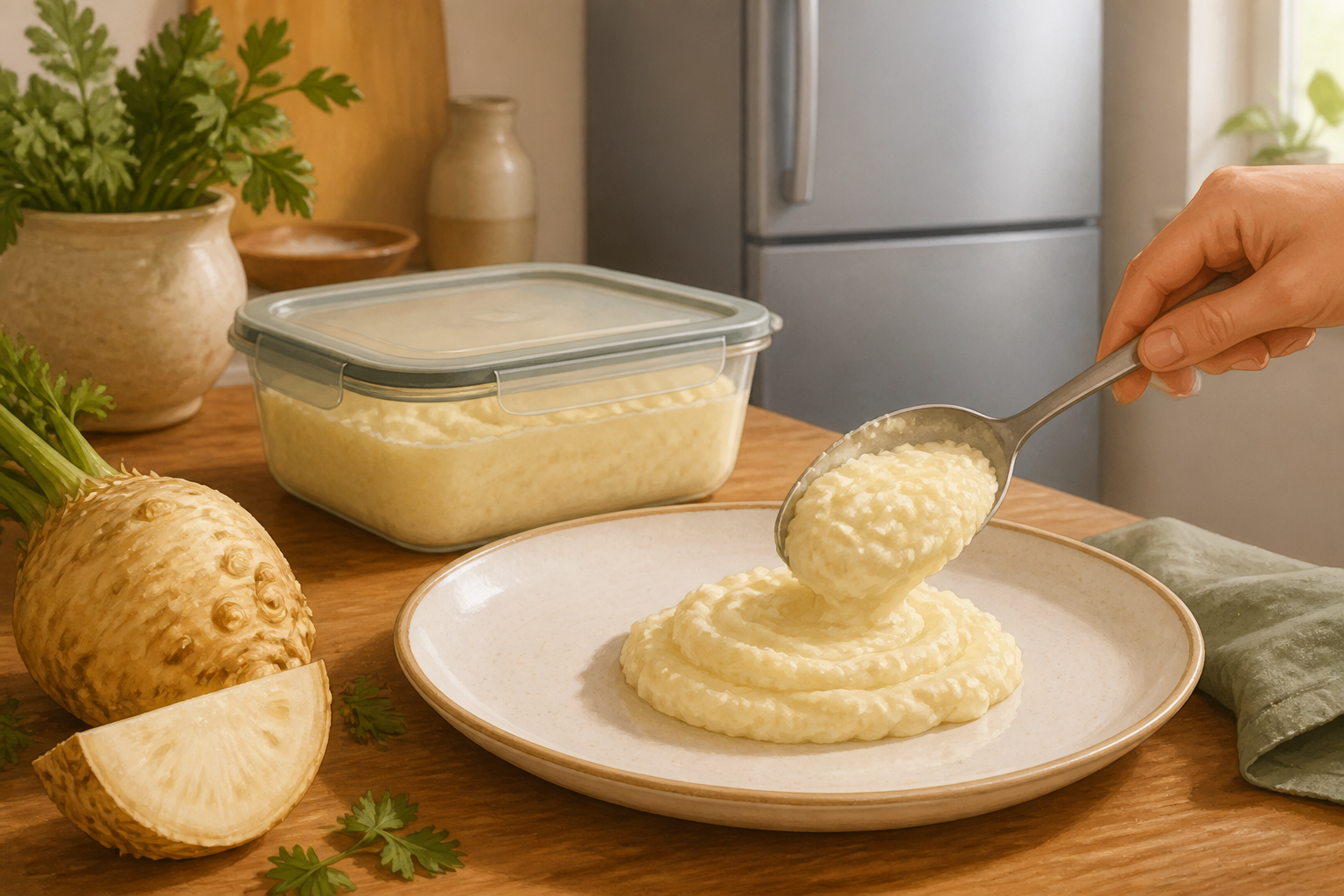 Serving celeriac mash on a plate with a covered container of leftovers and a refrigerator in the background.