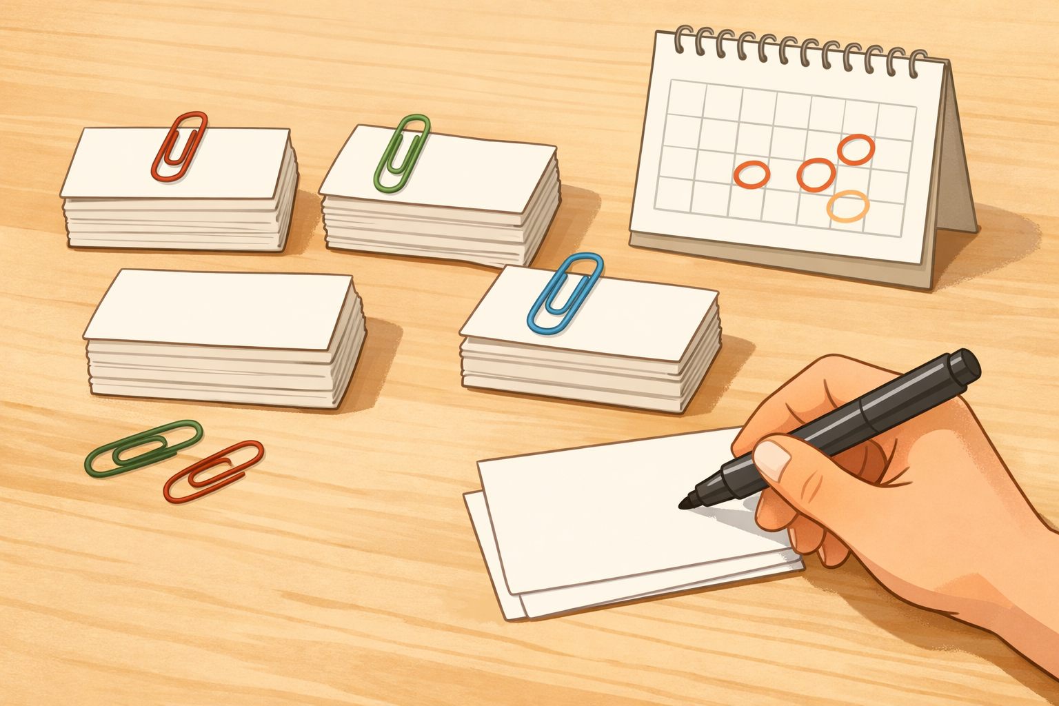 Handwriting a term on an index card beside three color-clipped piles of cards and a simple calendar on a tidy desk.