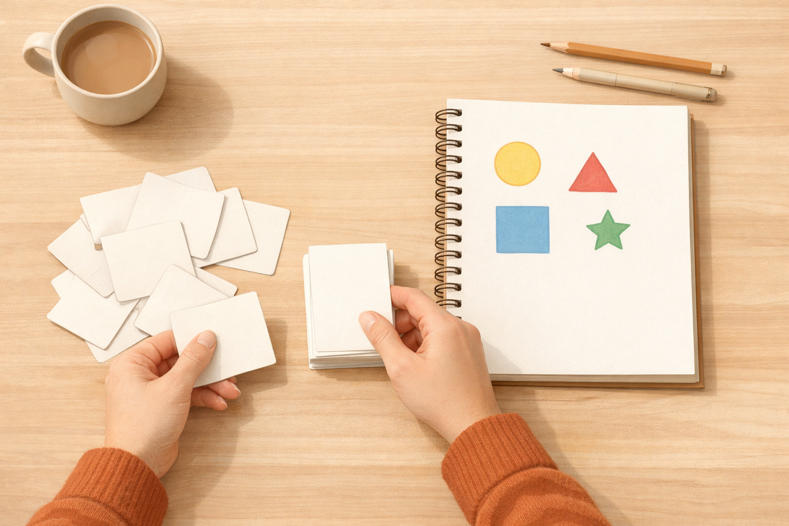 Person organizing a small stack of blank cards next to a notebook on a clear desk.