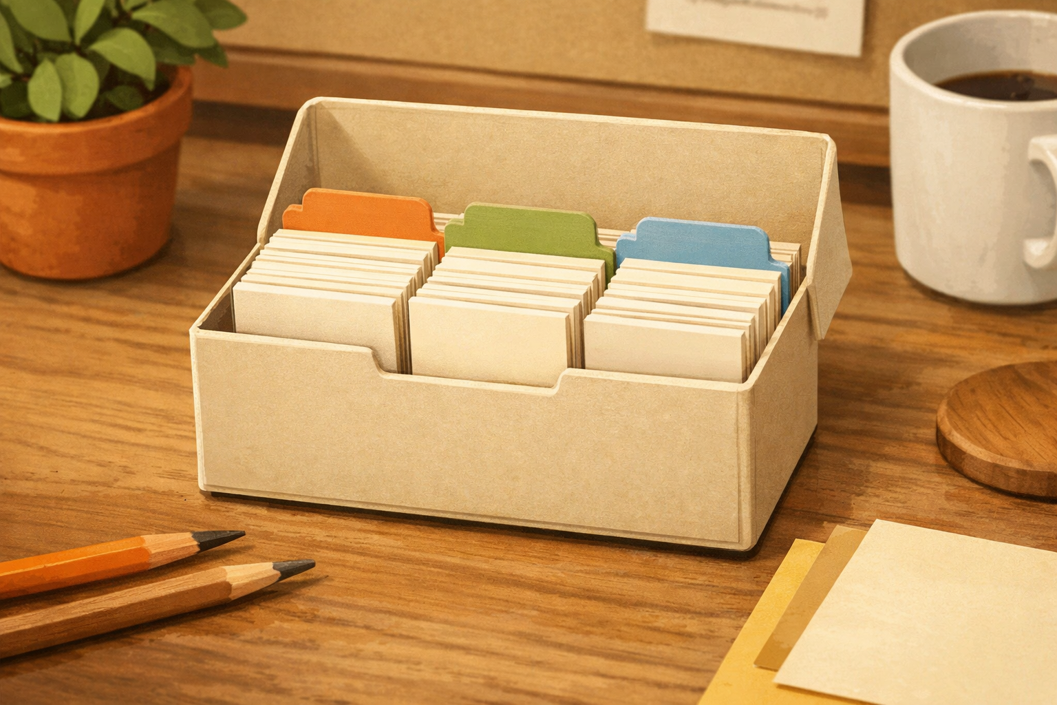 Index card box holding three separated groups of flashcards.