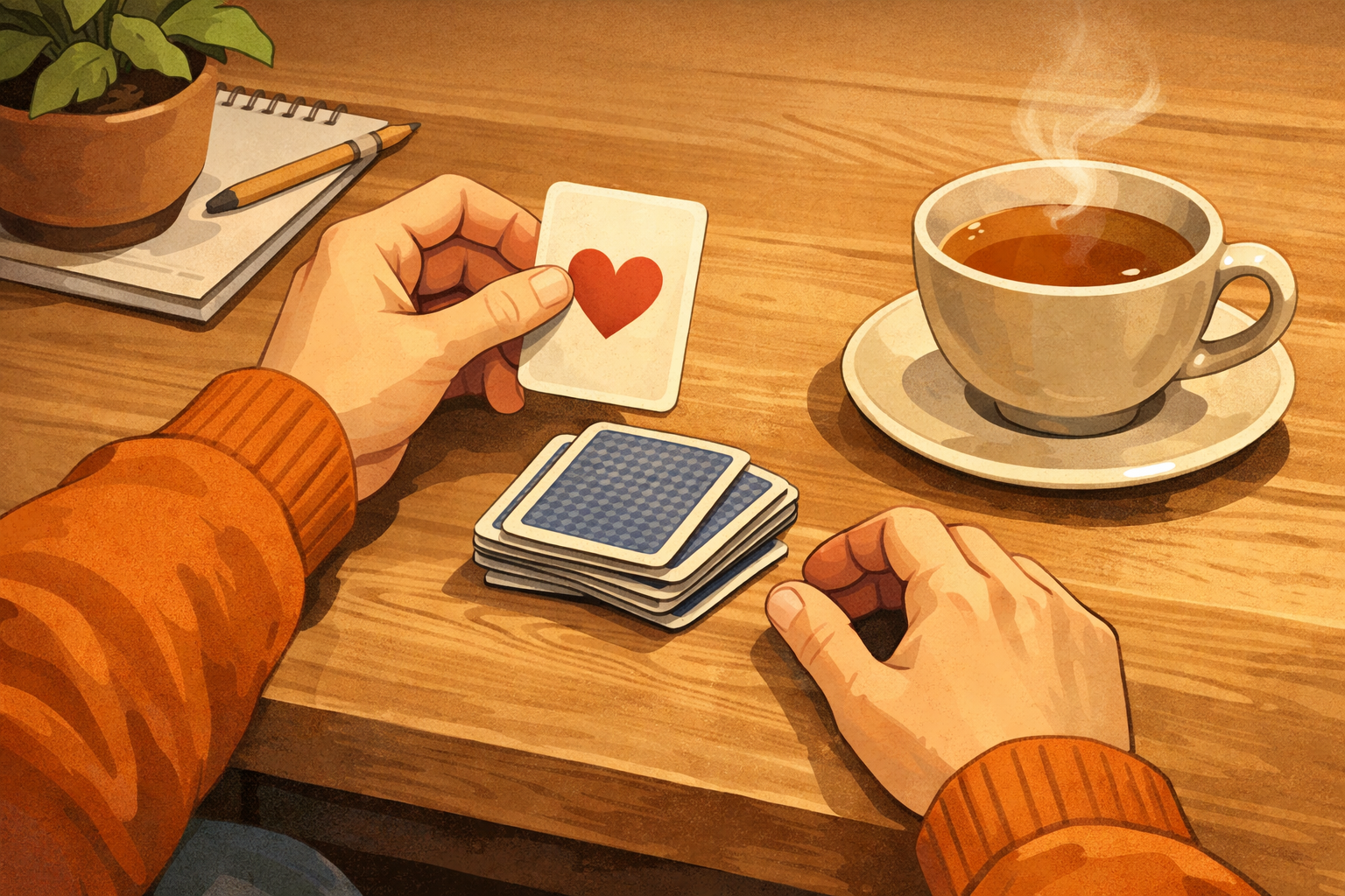 Someone flipping a flashcard during a calm study session.