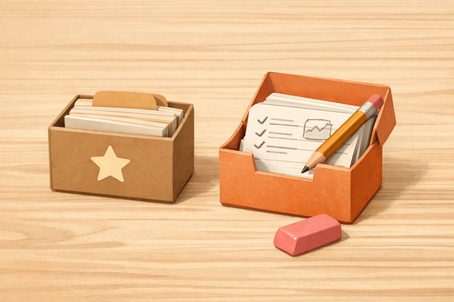 A box of archived flashcards next to a box of active cards being updated.