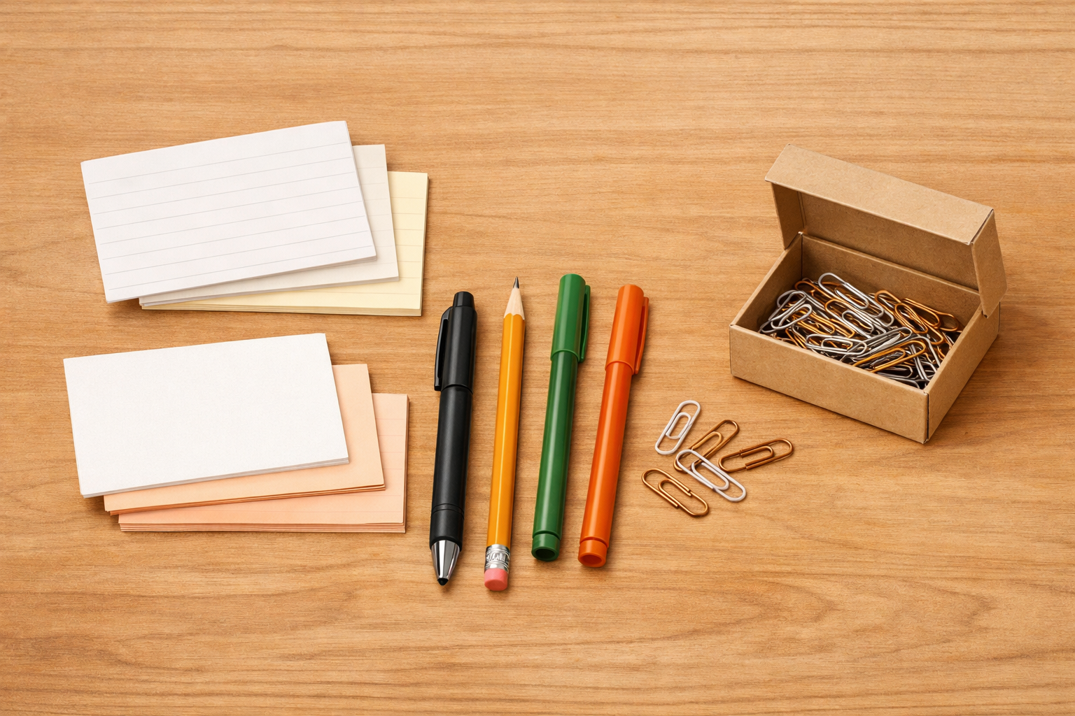 Basic supplies for making flashcards laid out neatly on a table.