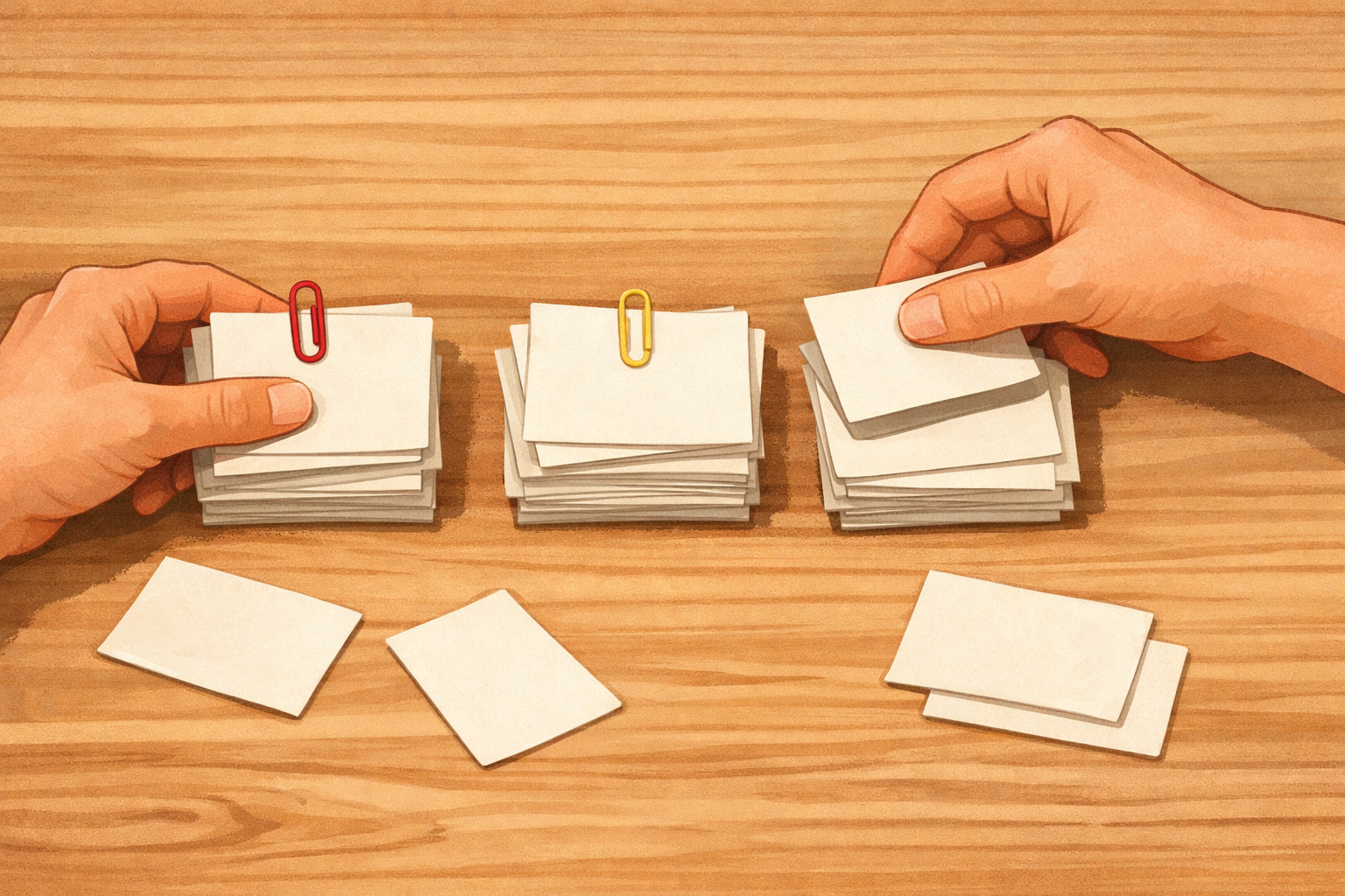Cards being sorted into three piles using different colored clips.