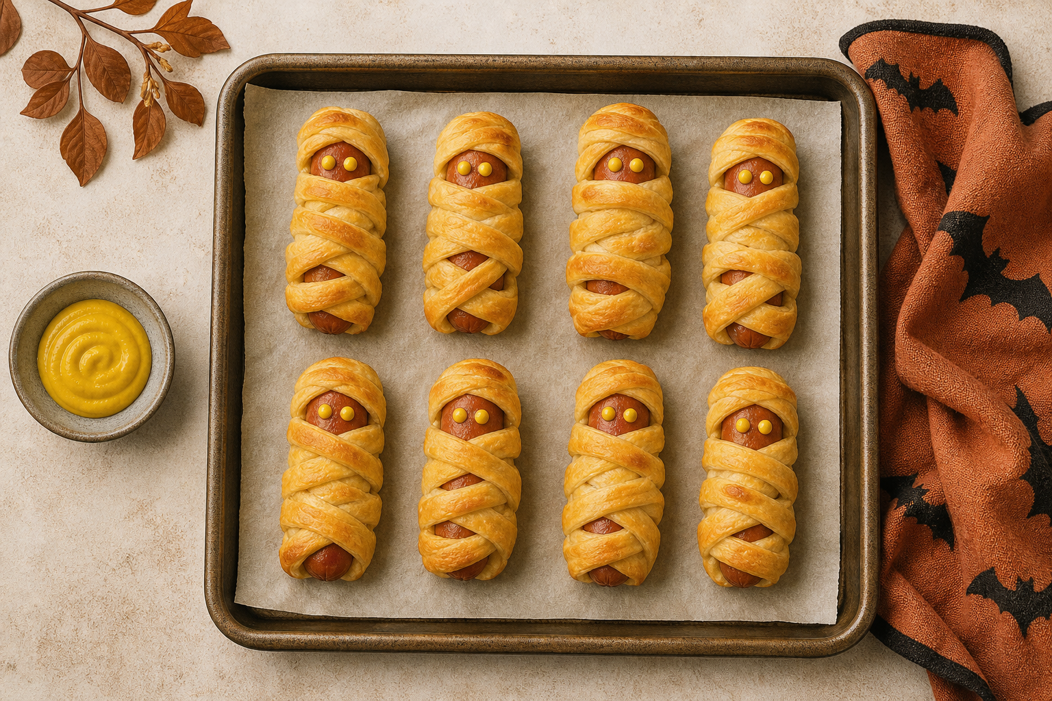 Overhead illustration of a baking sheet with eight golden keto mummy dogs wrapped in pale dough strips, a small bowl of mustard for eyes, and a napkin beside the tray.