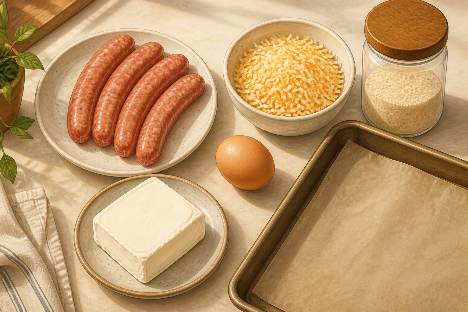 Flatlay illustration of sausages, shredded mozzarella, cream cheese, egg, almond flour and a parchment-lined baking sheet arranged on a kitchen counter.