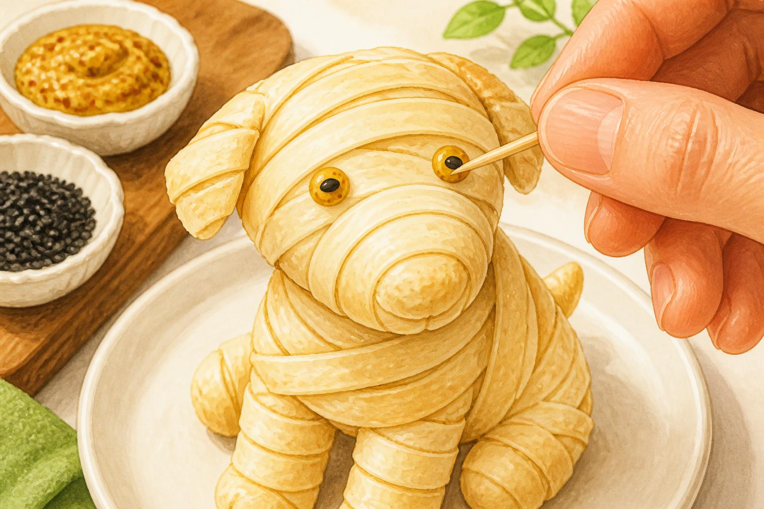 Close-up illustration of a hand using a toothpick to add mustard dots and black sesame seeds as eyes on a finished mummy dog.