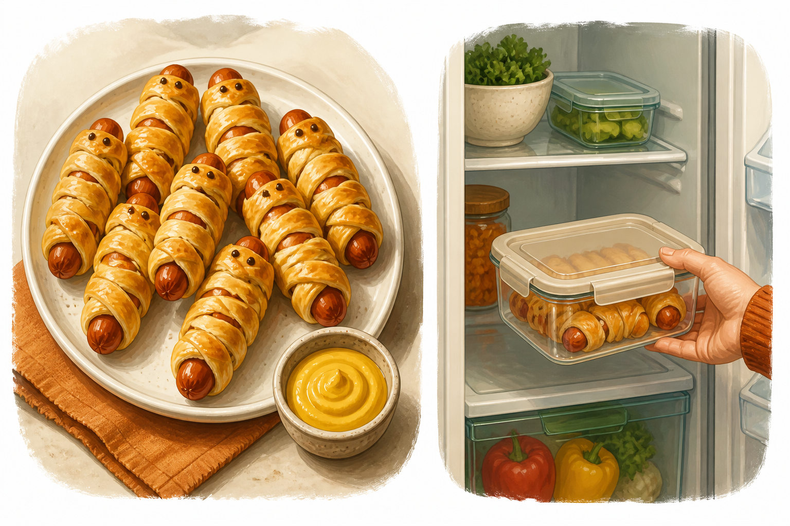 Illustration of a platter with finished mummy dogs and a bowl of mustard, plus a separate scene showing leftovers in an airtight container going into a fridge.