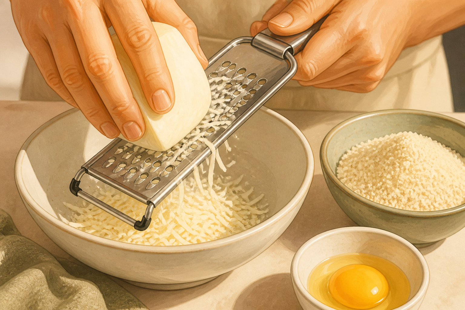 Illustration of mozzarella being grated into a bowl with separate small bowls holding almond flour and a cracked egg nearby.