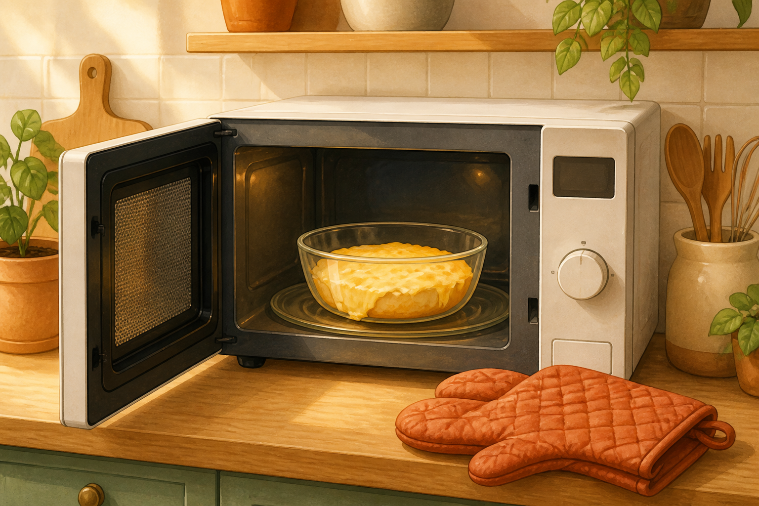 Illustration showing a bowl of melting mozzarella and cream cheese in a microwave with oven mitts nearby.