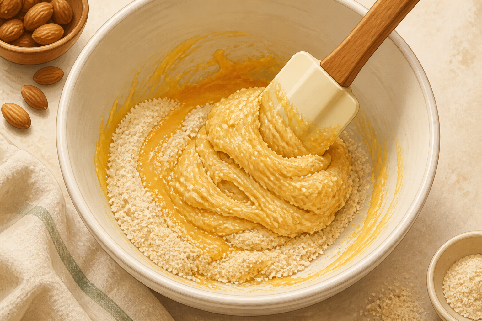 Illustration of a spatula mixing melted cheese, egg, and almond flour into a sticky dough in a bowl.