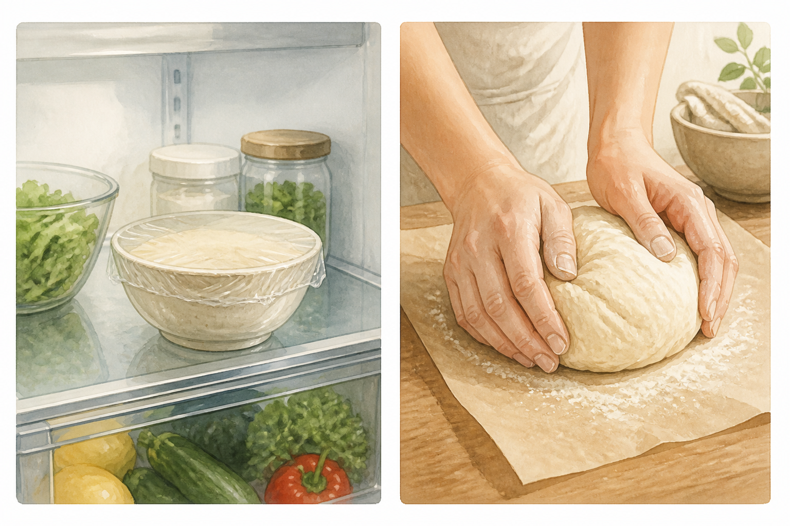 Split-scene illustration: dough covered and chilling in a fridge, and hands kneading dough on parchment to firm it up.