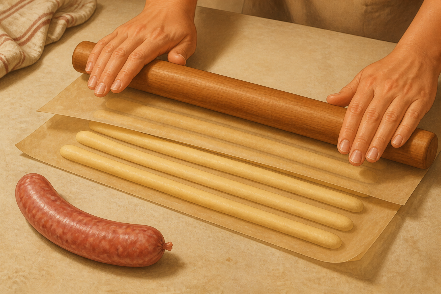 Illustration showing dough rolled into thin ropes between parchment sheets with a sausage nearby for scale.