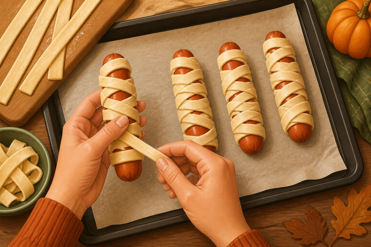 Illustration of hands wrapping dough strips around a sausage on a parchment-lined baking sheet to create a mummy pattern.