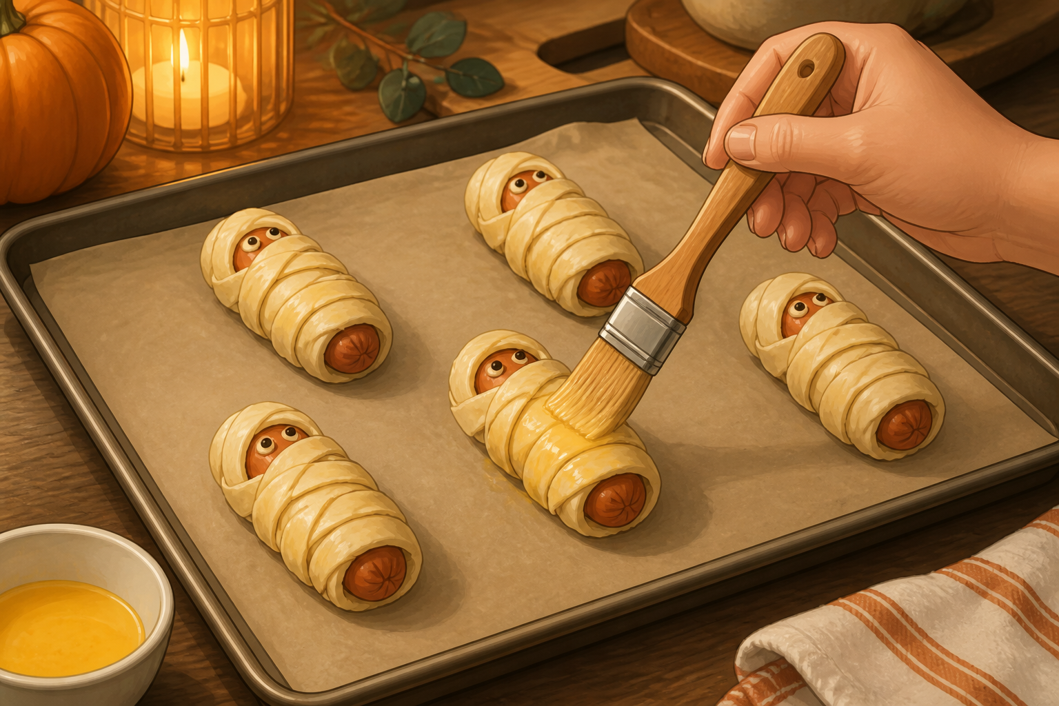 Illustration showing wrapped mummy sausages spaced on a baking sheet and a hand lightly brushing one with egg wash.