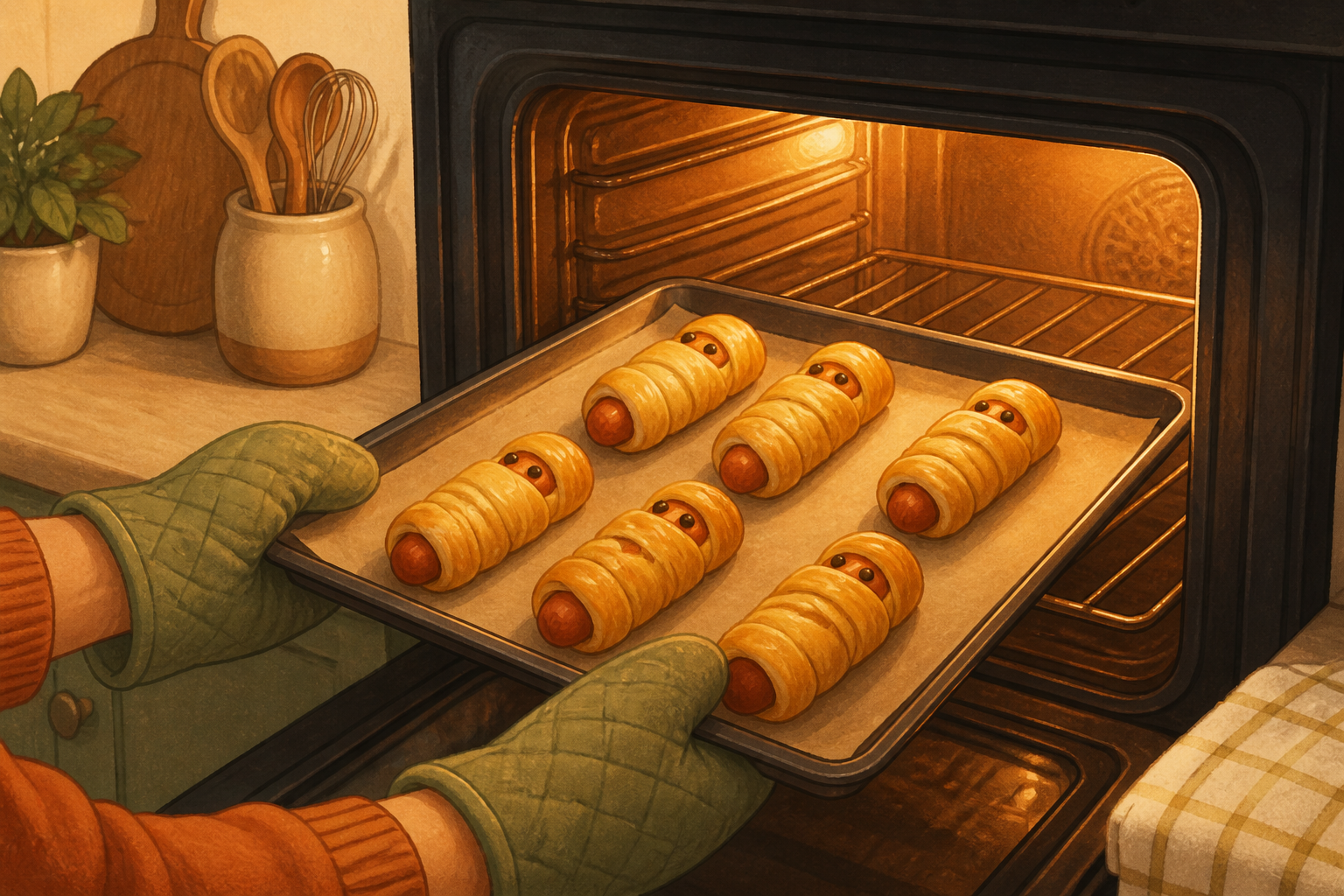 Illustration of a baking sheet with golden mummy dogs being placed into an oven with a warm glow inside.