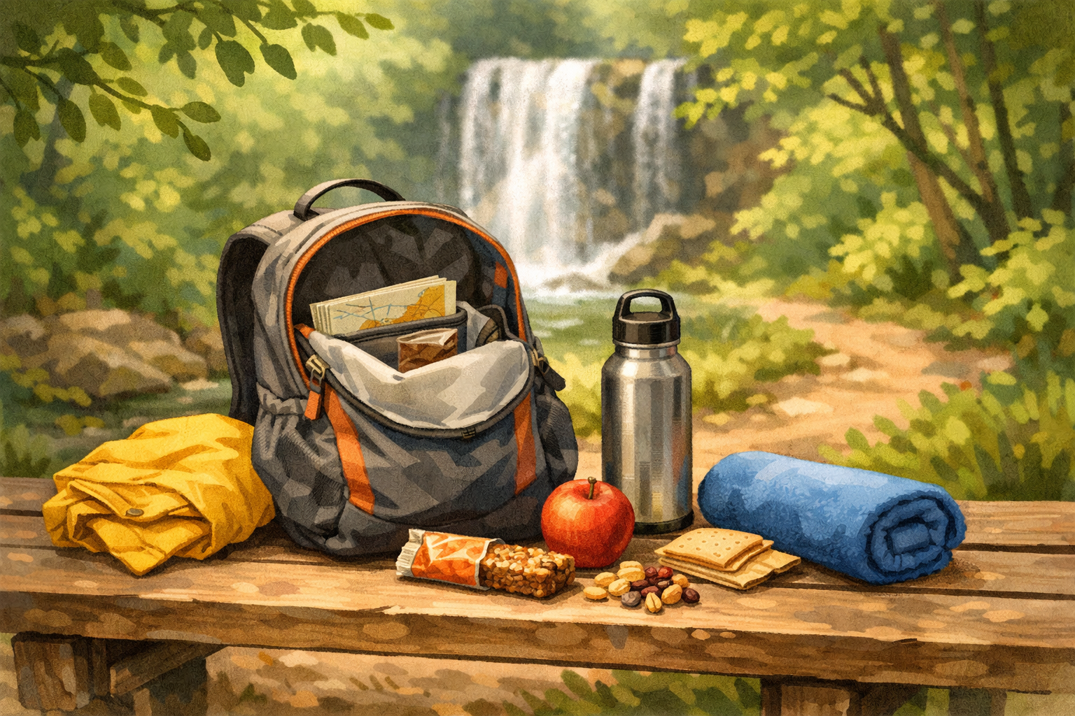 Open daypack with water bottle, rain jacket, snacks, and a towel arranged neatly, with a waterfall trail setting behind it.