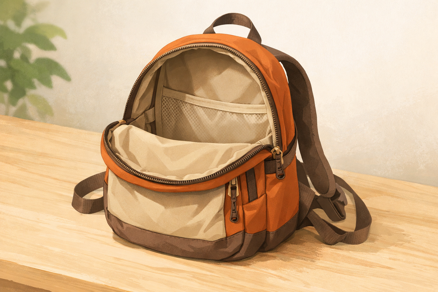 An empty lightweight daypack opened on a surface with relaxed straps, ready to be packed.