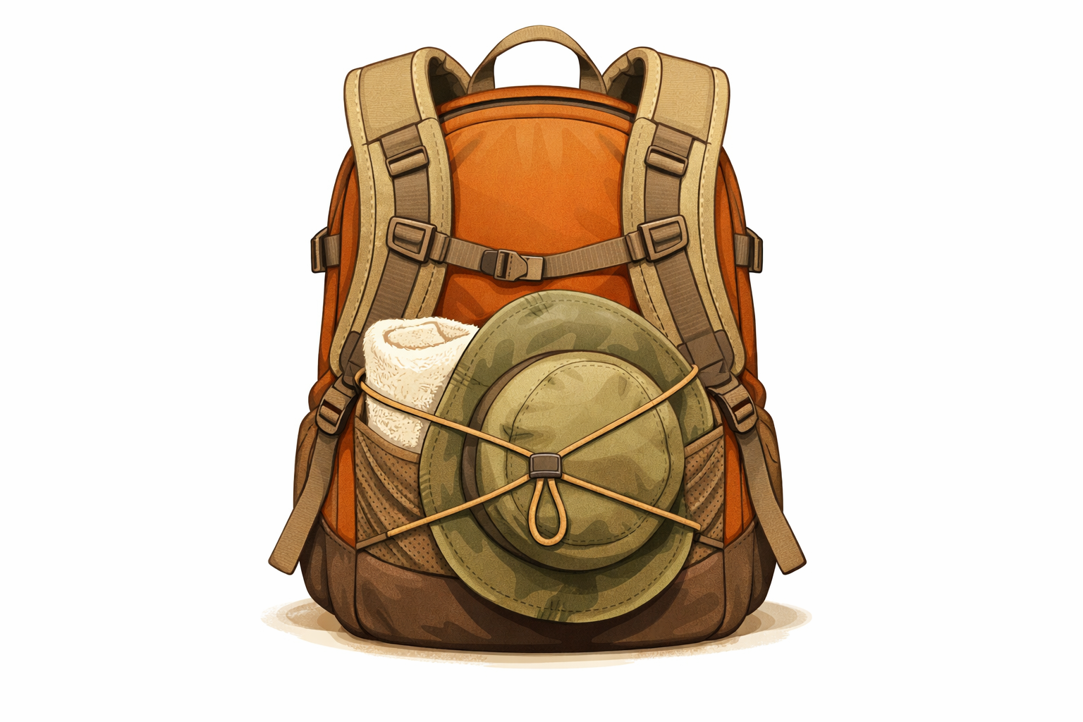 Towel and hat carried on the outside of the pack, while main valuables remain inside.