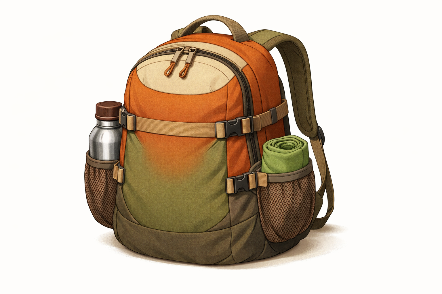 Packed backpack with tightened side straps and evenly loaded side pockets.