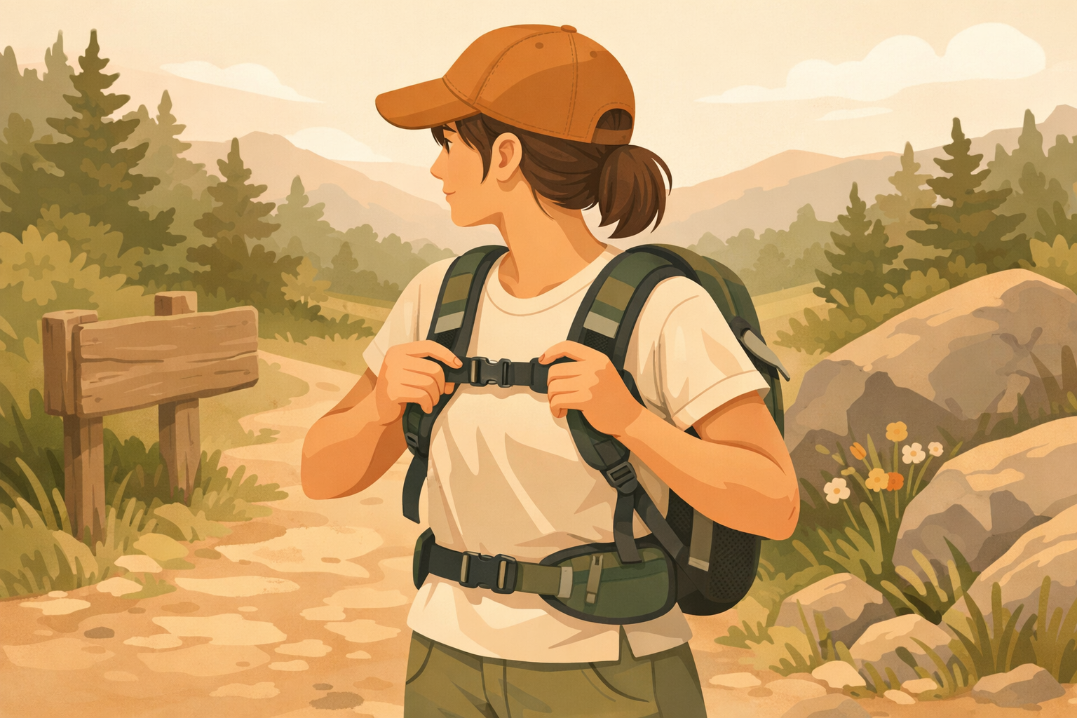 Person adjusting shoulder and sternum straps on a small daypack at a trailhead.