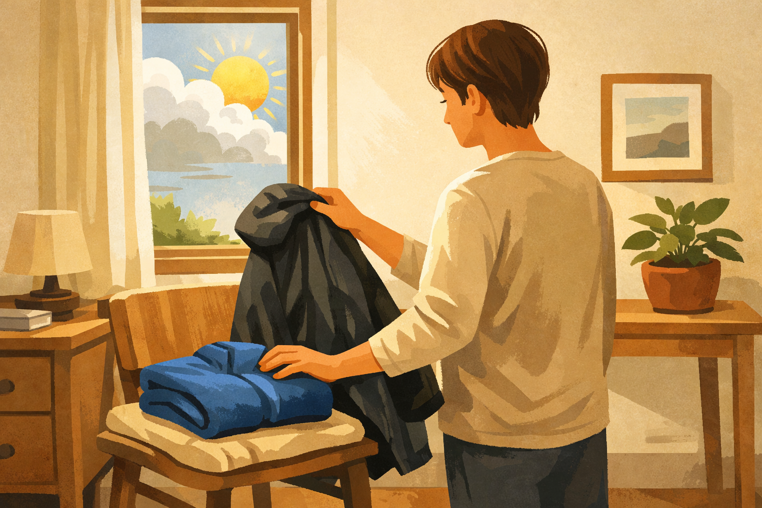 Person choosing a fleece and a rain jacket after a quick look at the weather outside.