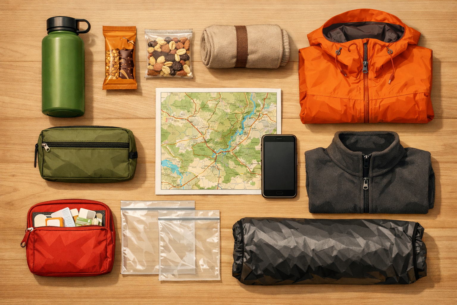 Essentials for a short waterfall walk arranged neatly in a grid on a tabletop.