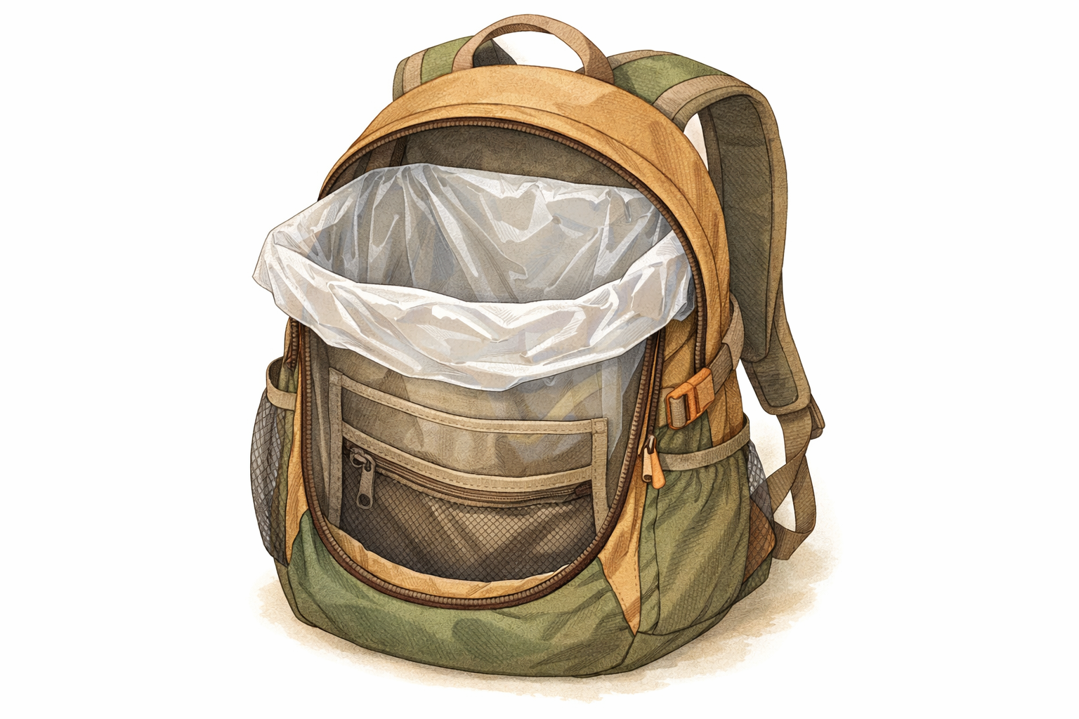 Daypack shown with a thin waterproof liner fitted inside the main compartment.